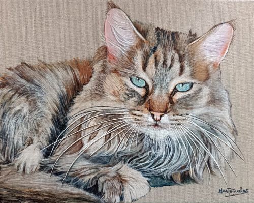 Janis, La Pelos, acrílico sobre lienzo de lino natural con bastidor de madera de 24x30 cm. Retrato de una gata de pelo largo en tonos grises con ojos verdes azulados. Fondo del color natural del lino del lienzo.