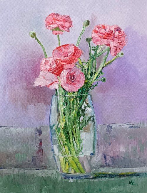 Jarrón con peonías rosas, óleo al agua sobre lienzo de algodón fijado en cartón de 30x23 cm. Ramo de peonías rosas en un jarrón de cristal.