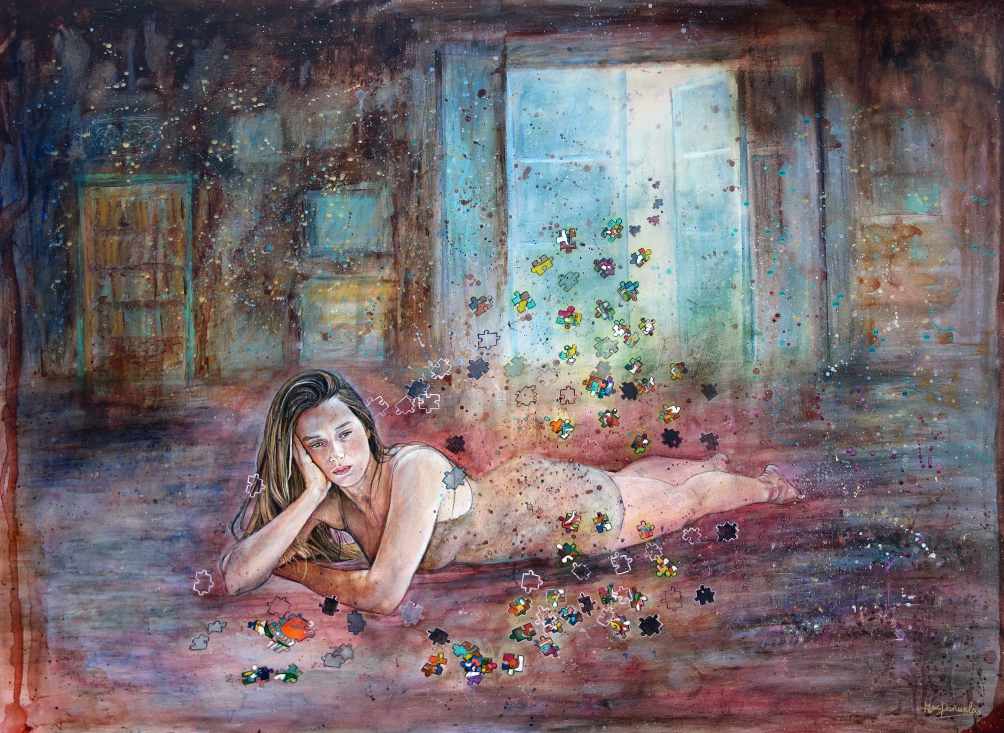 Juegos de mesa en familia, acrílico y técnicas mixtas sobre tabla de 73x100 cm. Figura yacente en el suelo con cabeza apoyada en sus manos. Puzle con algunas piezas colocadas y otras flotando elevándose hacia una herida de luz que penetra por puertas semiabiertas. Soledad contemporánea.