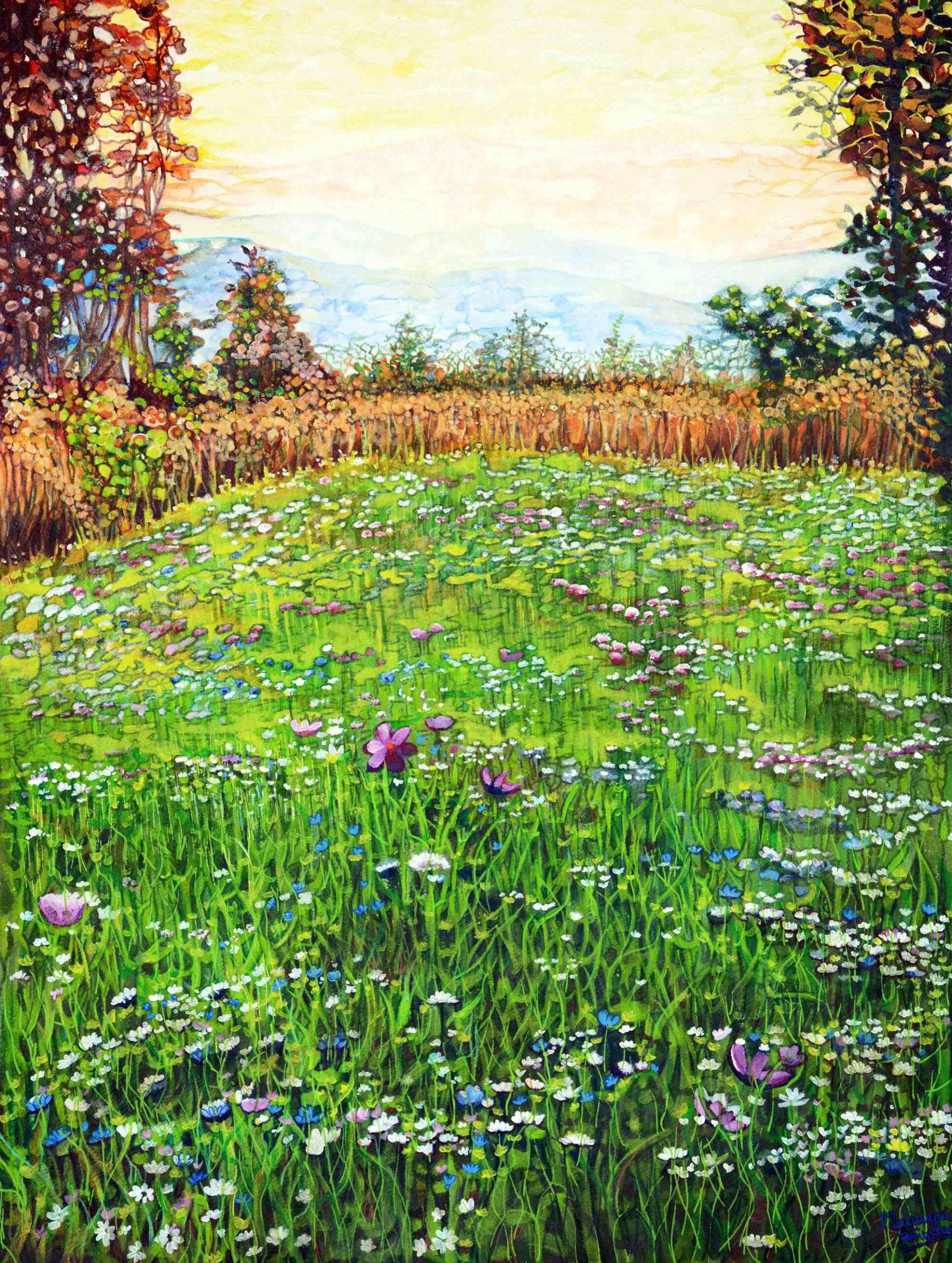 La luz sobre la pradera, acrílico y técnica mixta sobre papel de acuarela de 61x45,5 cm. Pradera verde con florecillas blancas, rosas y azules. Plantas esbeltas y pajizas al fondo, matorrales y arbolitos. Montañas en tono azul blanquecino apenas visibles por la luminosidad de un cielo amarillento.