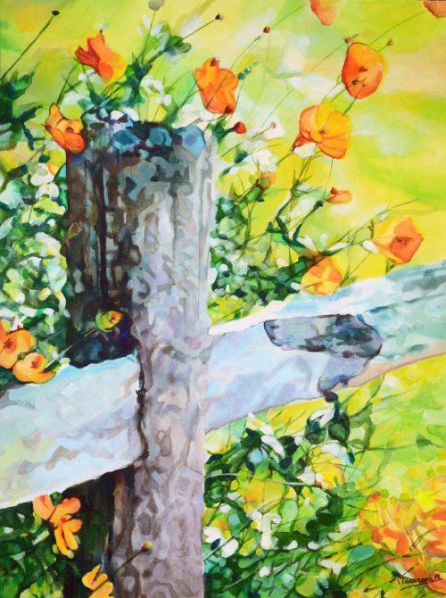 La vieja valla, acrílico sobre papel de acuarela de 61x46 cm. Fragmento de valla de madera desgastada. Del poste surgen tallos largos con hojas verdes y flores de color naranja intenso.