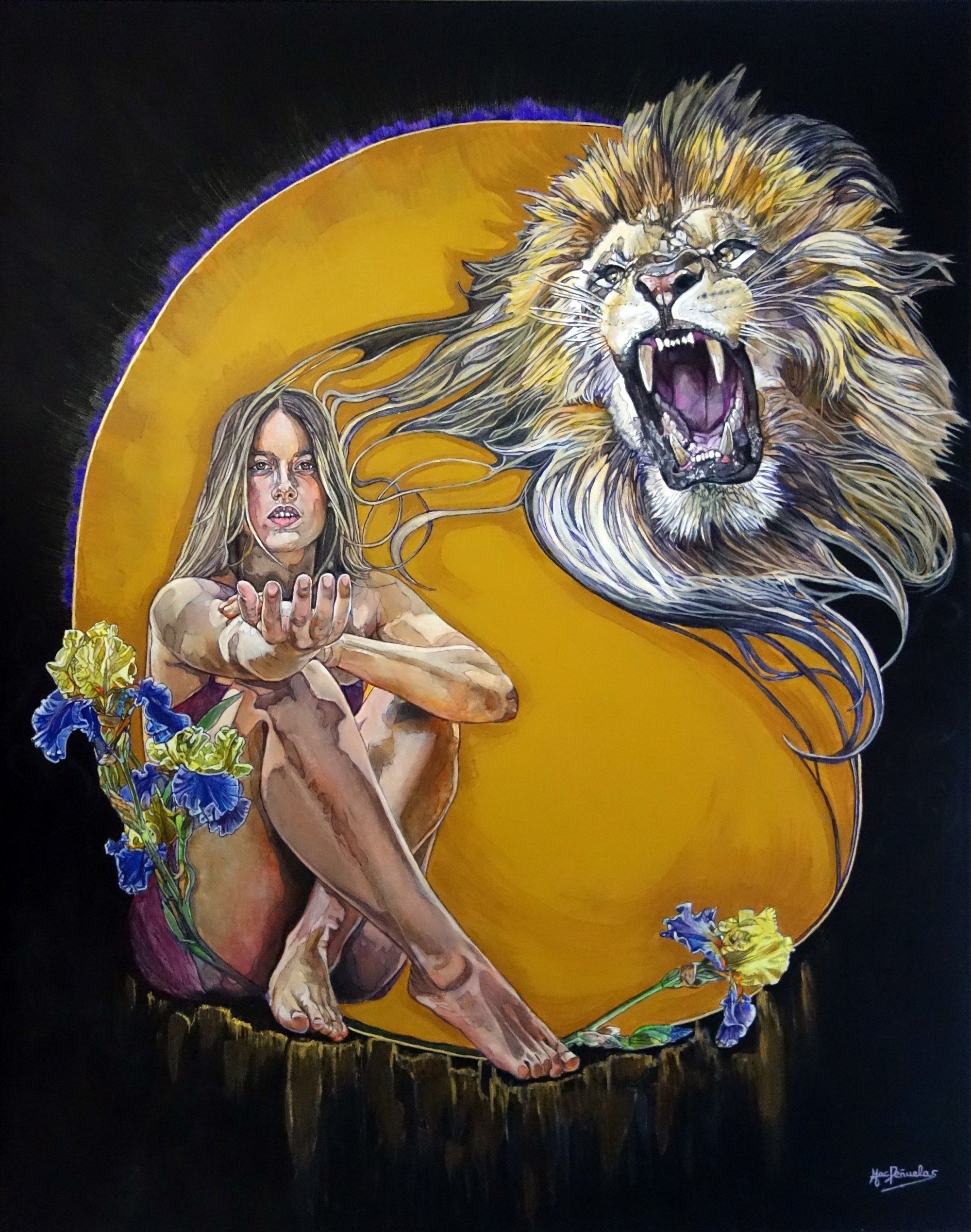 Lo que no te mata te hace más fuerte, acrílico sobre lienzo de 92x73 cm. Figura serena extendiendo la mano rodeada de lirios. León rugiente entrelazado con la figura. Composición dentro de un óvalo dorado contrastado con fondo negro. Fortaleza y renacimiento interior.