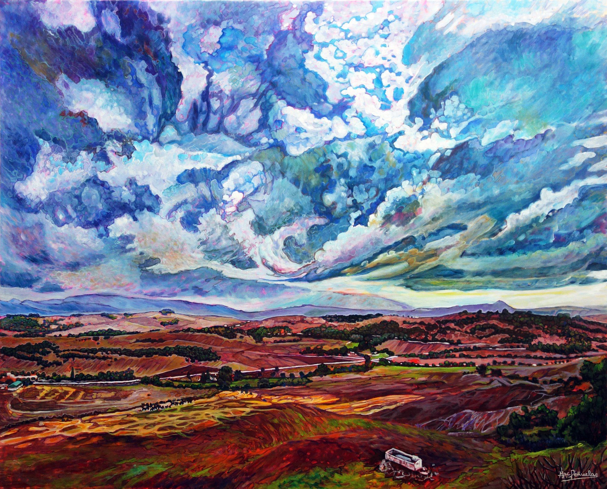 Luces en el páramo, acrílico sobre lienzo de lino de 81x100 cm. Paisaje con cielo muy nuboso de nubes con movimiento y contraste. Mitad inferior de campo rojizo con montículos, zona de pastoreo con abrevadero. Terreno iluminado por claros de luz entre nubes. Montañas azuladas y violetas en el horizonte.