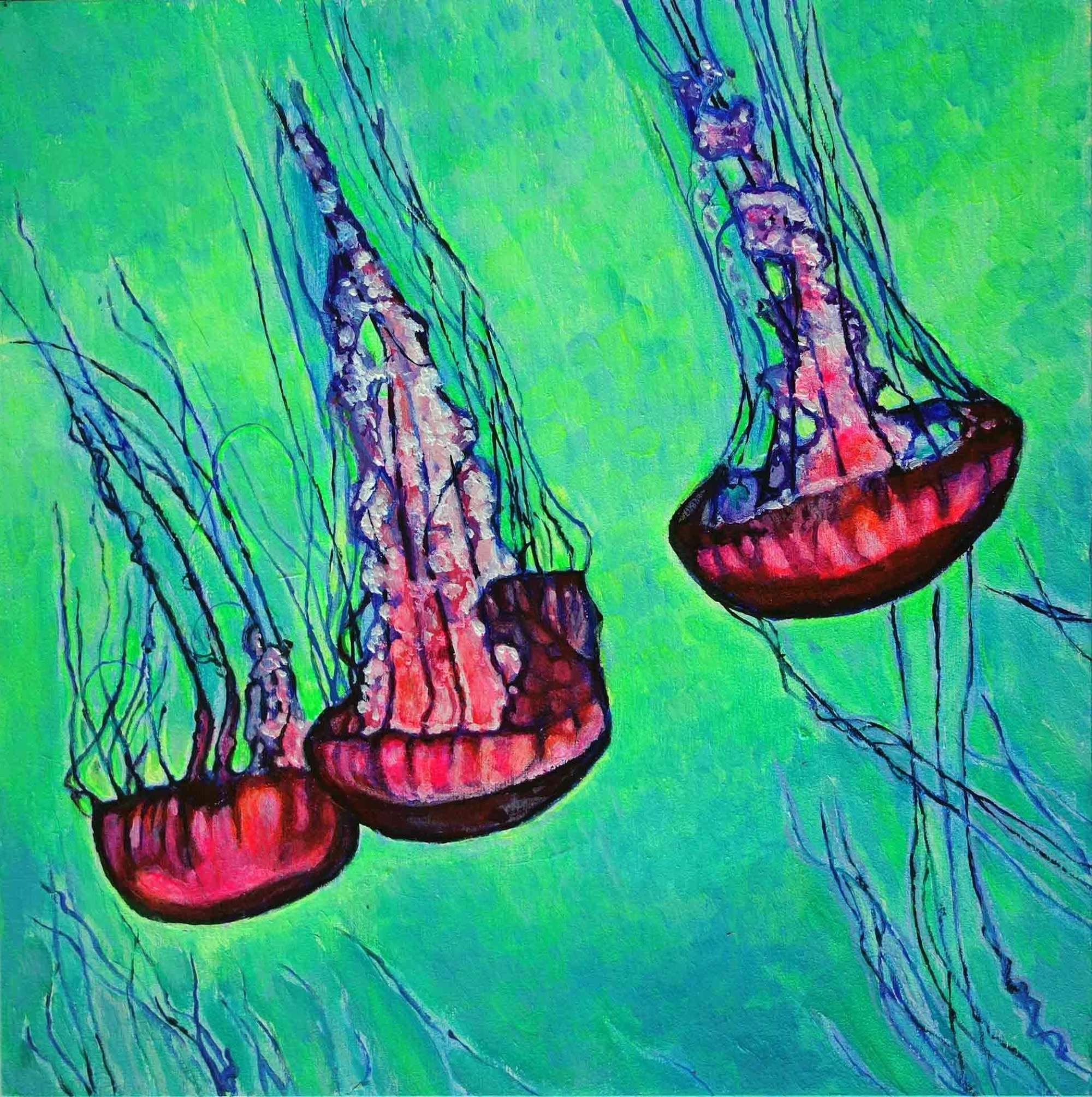 Medusas, acrílico sobre panel de madera de haya natural de 20x20 cm. Tres medusas en tonos verdes, azules y rosas intensos. Vivo colorido alegre y llamativo.