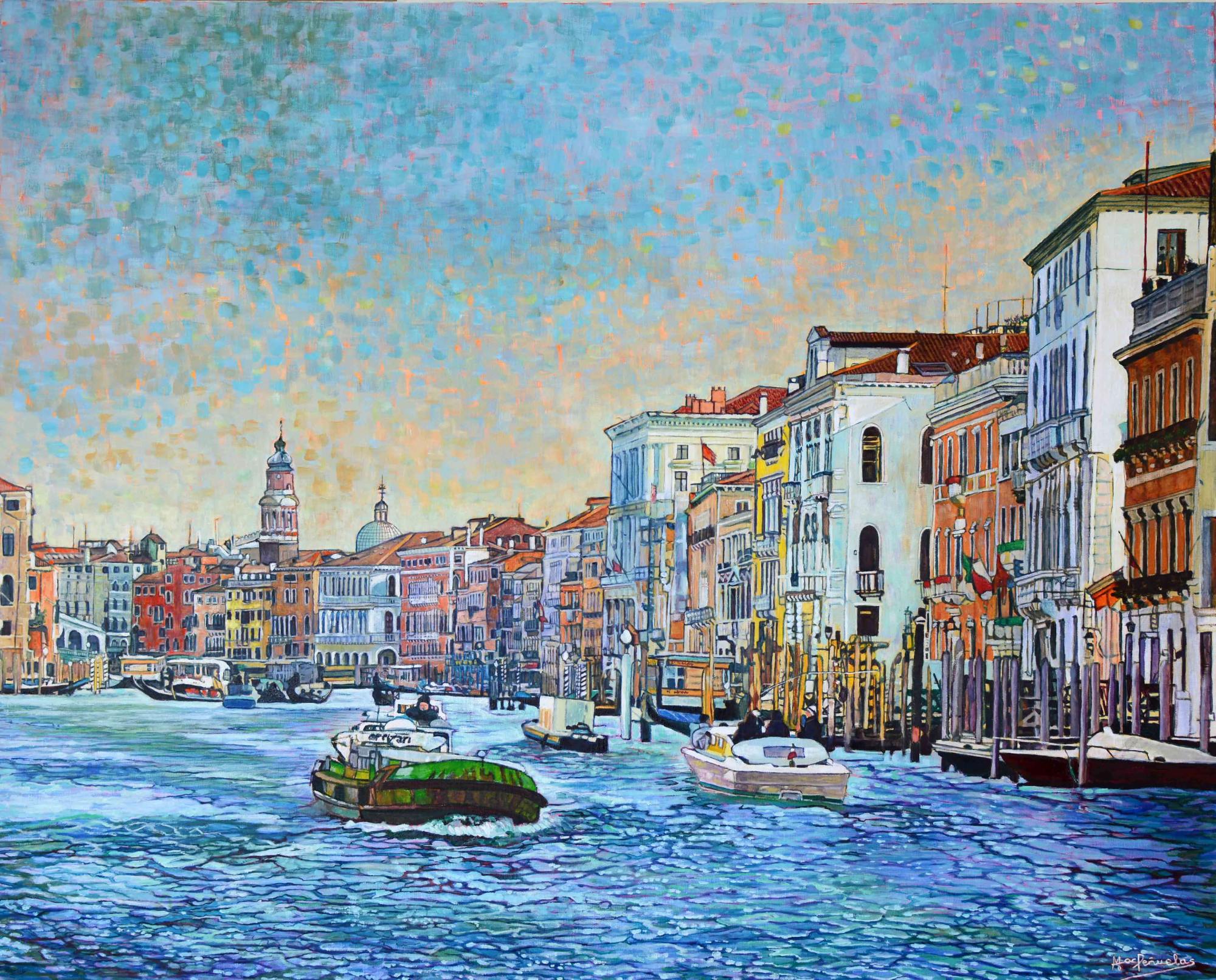 Paseo por Venecia, acrílico y óleo sobre lienzo de lino de 81x100 cm. Paisaje veneciano con botes y barcas sobre el agua, flanqueado por una gran fila de edificios.