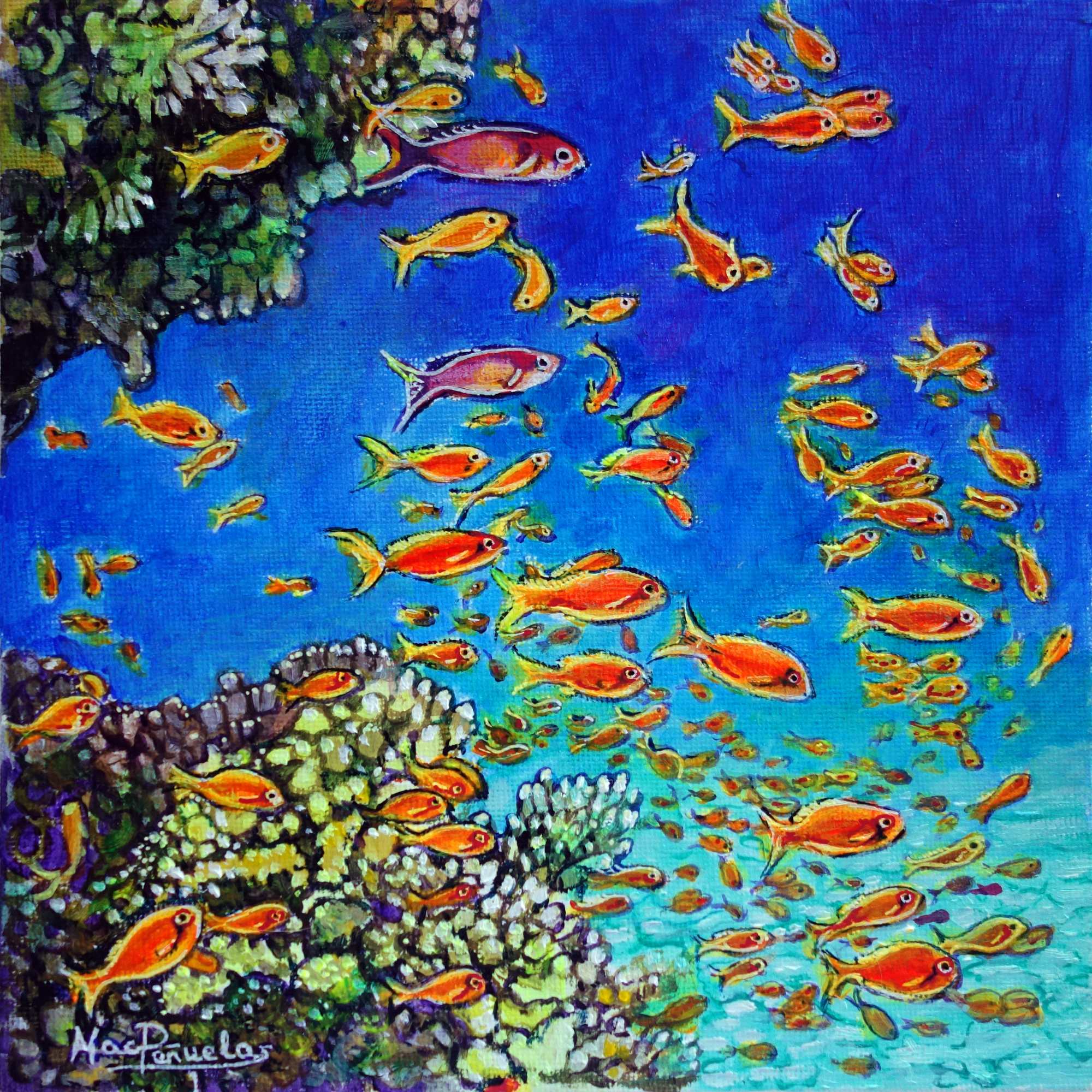 Peces reunidos, acrílico sobre lienzo de algodón orgánico fijado en cartón de 20x20 cm. Fondo del mar en un arrecife de coral con multitud de peces naranjas y rosados. Agua azul intenso y azul turquesa suave.