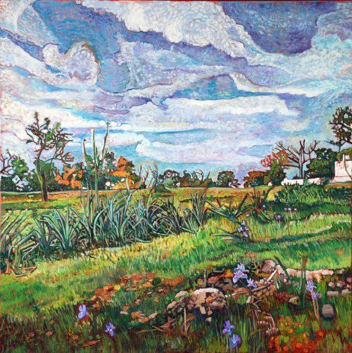Primavera con lirios, acrílico y óleo sobre lienzo de lino de 80x80 cm. Pocos lirios silvestres entre un mar de hierba verde. Plantas típicas de la sierra. Al fondo, arbolitos y matorrales. A la derecha, parte de una construcción. Cielo azul con nubes agitadas.