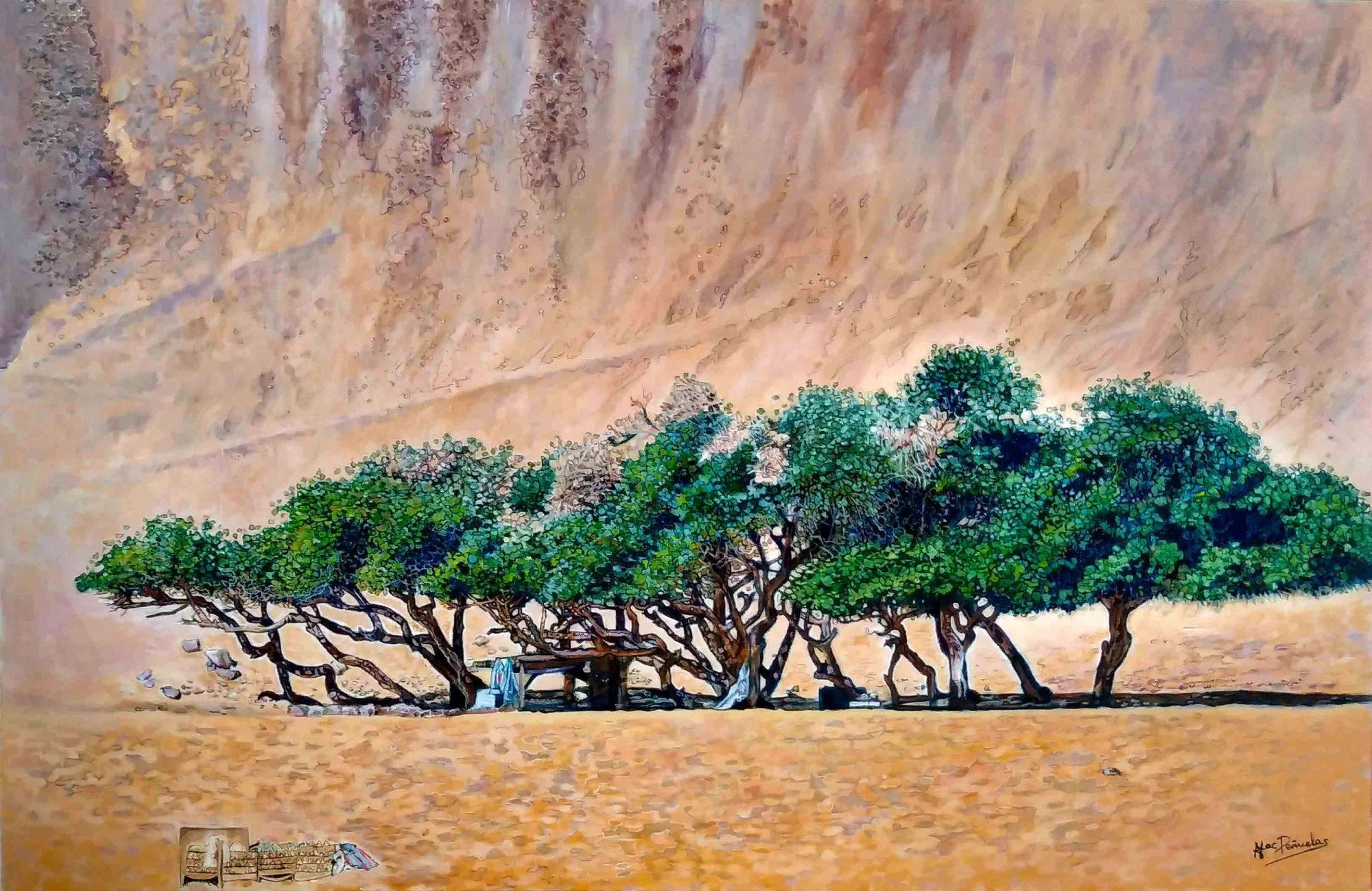 Puesto de souvenirs en El Nilo, acrílico sobre lienzo de lino en bastidor de madera de 65x100 cm. Explanada de arena, fondo de pared montañosa del color de la arena, fila horizontal de árboles bajos con troncos retorcidos y refugio de sombra. Puesto de souvenirs en primer plano a la izquierda.