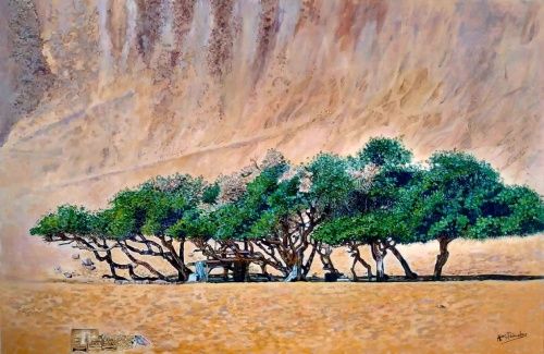 Puesto de souvenirs en El Nilo, acrílico sobre lienzo de lino en bastidor de madera de 65x100 cm. Explanada de arena, fondo de pared montañosa del color de la arena, fila horizontal de árboles bajos con troncos retorcidos y refugio de sombra. Puesto de souvenirs en primer plano a la izquierda.