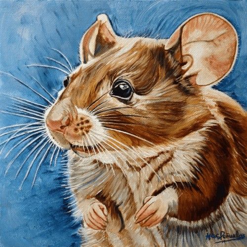 Ratón, óleo al agua sobre lienzo de algodón orgánico fijado en cartón de 20x20 cm. Carita de ratón y sus manitas en color marrón rojizo. Fondo azul.
