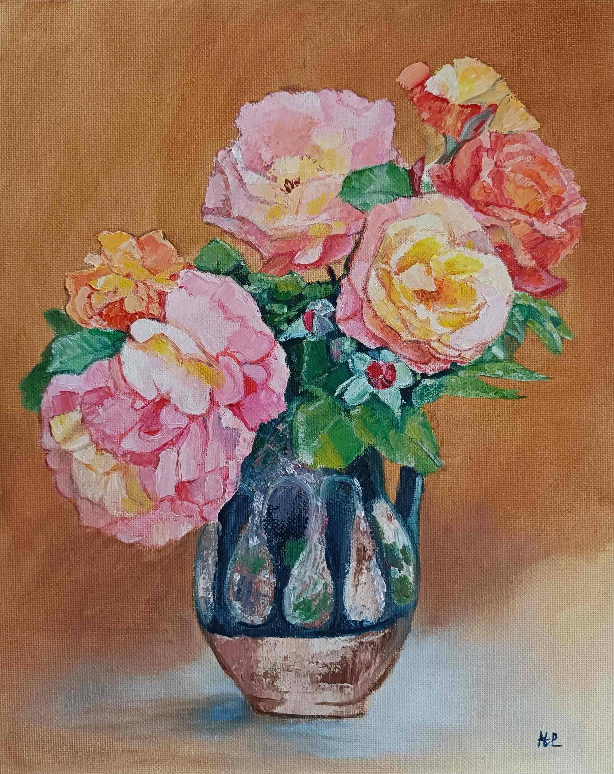 Rosas en jarra rústica, óleo al agua sobre lienzo de algodón de 30x24 cm. Rosas en una jarra rústica de barro con fondo de color tierra anaranjado