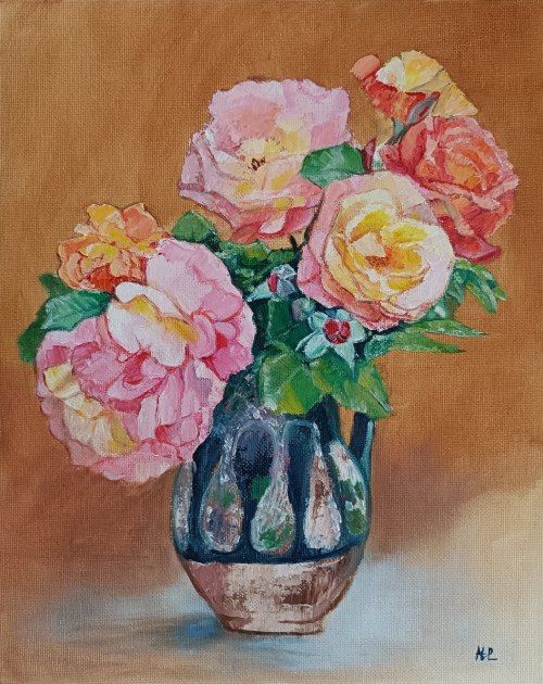 Rosas en jarra rústica, óleo al agua sobre lienzo de algodón de 30x24 cm. Rosas en una jarra rústica de barro con fondo de color tierra anaranjado