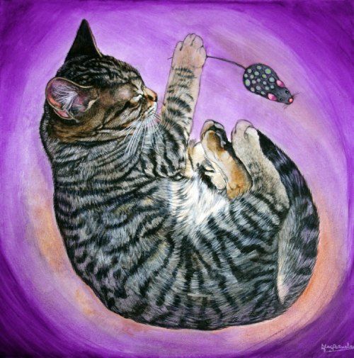 Sueños, acrílico sobre madera acunada de 40x40 cm. Gato atigrado durmiendo de forma curvada de cuerpo entero, atrapando por la cola un ratón de juguete bajo su mano. Fondo violeta con degradaciones a naranja muy suave.