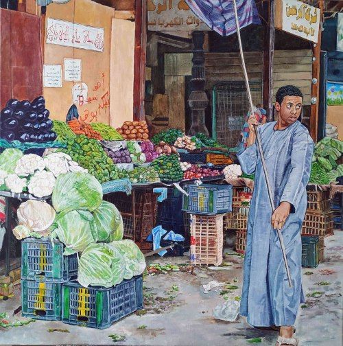 Un día más, acrílico sobre lienzo de lino de 80x80 cm. Paisaje urbano de Asuán, Egipto. Comercio colorido con frutas, verduras y hortalizas. Un muchacho en su puesto de verduras.