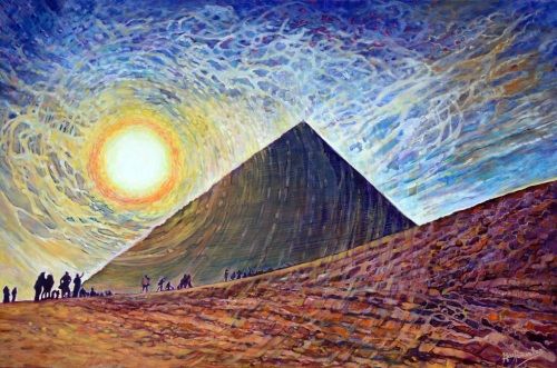 Una energía especial, acrílico y óleo sobre lienzo 3D de 97x146 cm. Pirámides de Egipto a contraluz. Siluetas oscuras frente a cielo dorado con tonos naranja y carmesí. Rayos de luz envolviendo las pirámides.