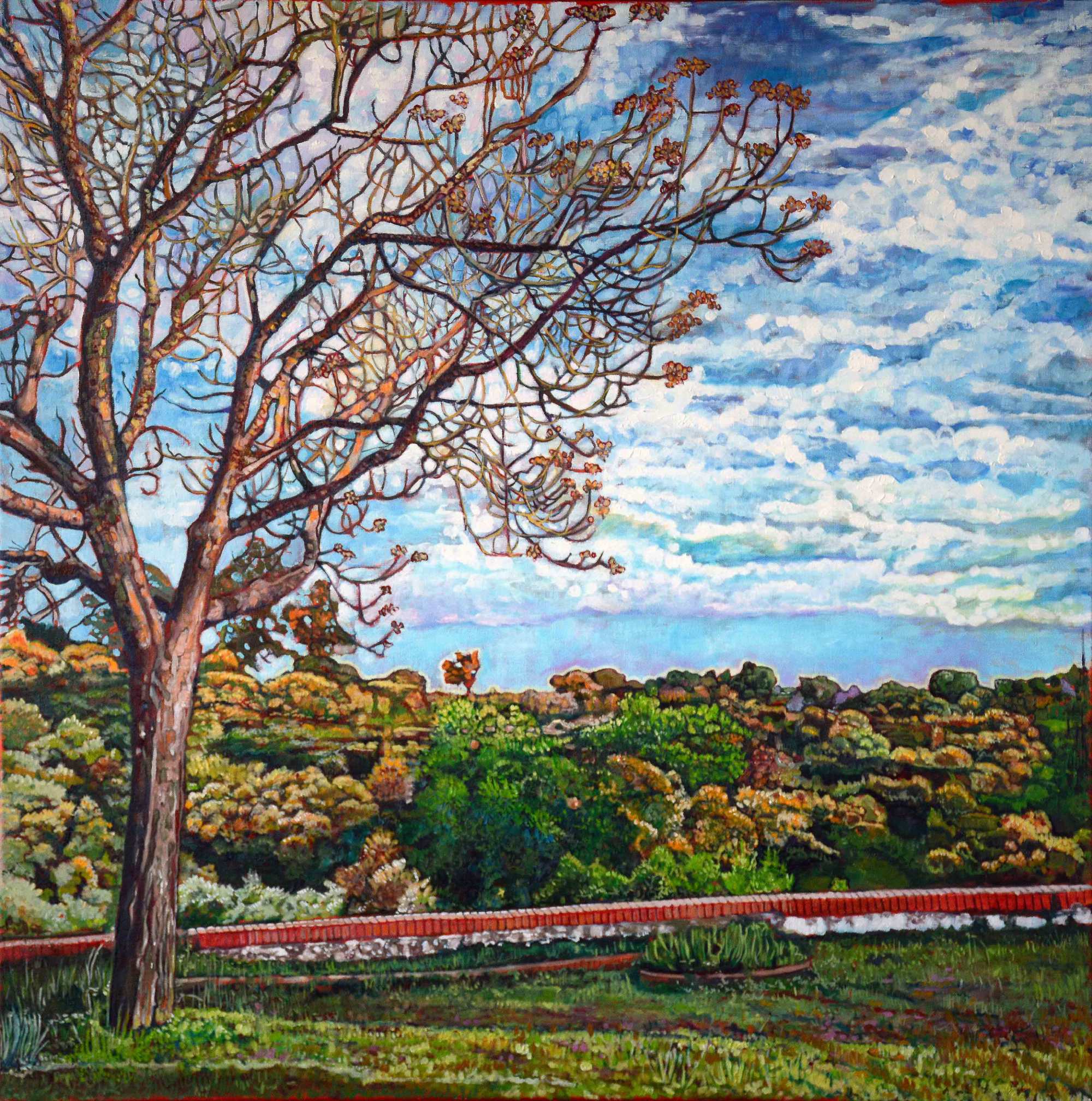 Vistas desde el árbol, acrílico y óleo sobre lienzo de lino de 80x80 cm. Paisaje de la sierra de Córdoba, España. Vista desde un punto alto con un árbol en primer plano. Abundante arboleda y matorrales de sierra. Cielo con nubes.