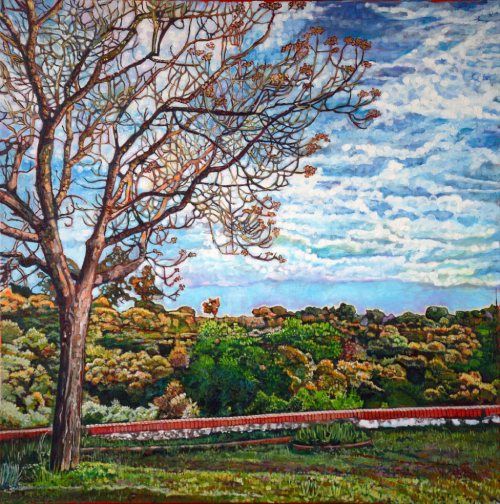 Vistas desde el árbol, acrílico y óleo sobre lienzo de lino de 80x80 cm. Paisaje de la sierra de Córdoba, España. Vista desde un punto alto con un árbol en primer plano. Abundante arboleda y matorrales de sierra. Cielo con nubes.